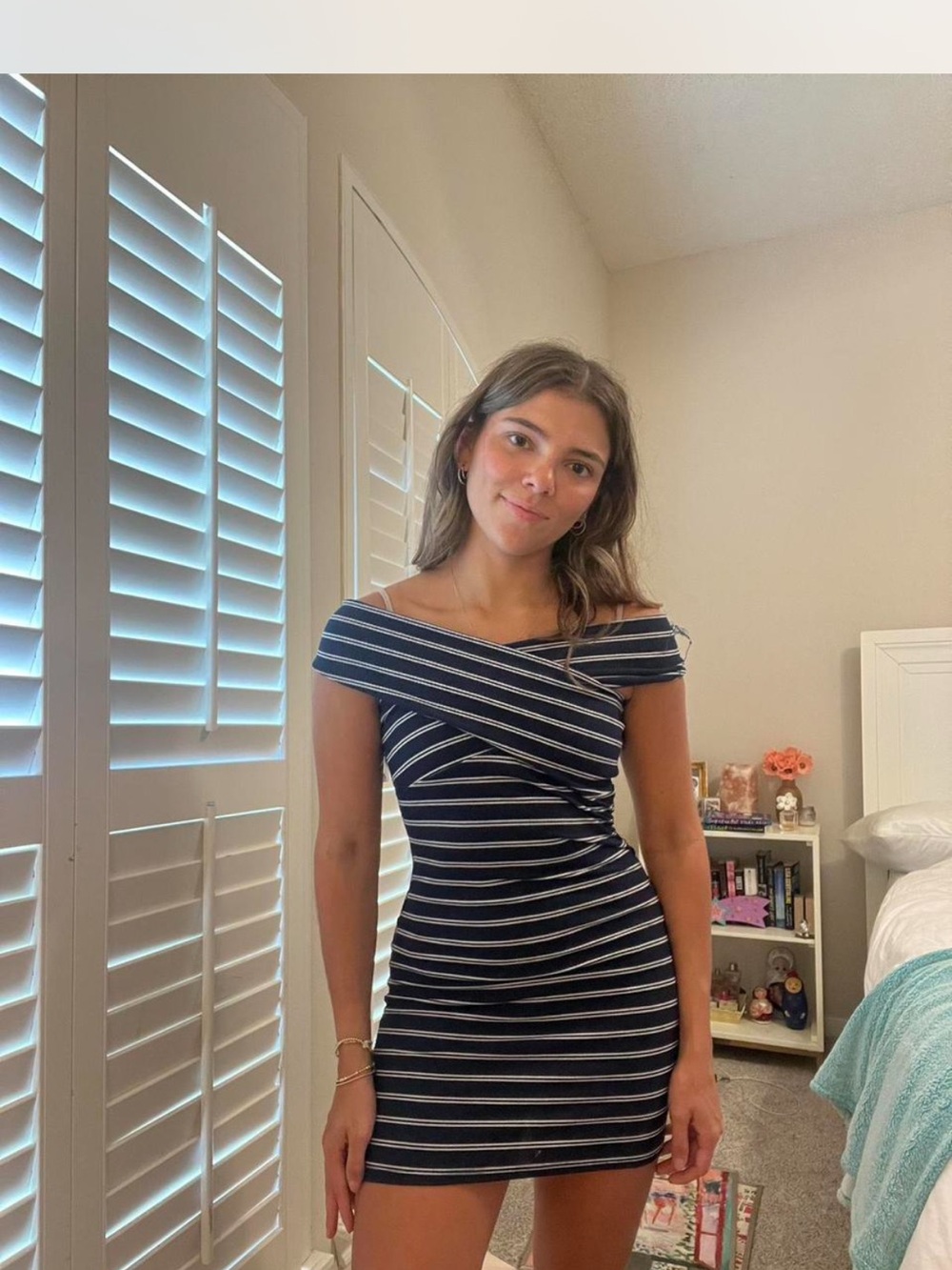 Charlotte Russe Navy and White Striped Off-Shoulder Bodycon Mini Dress